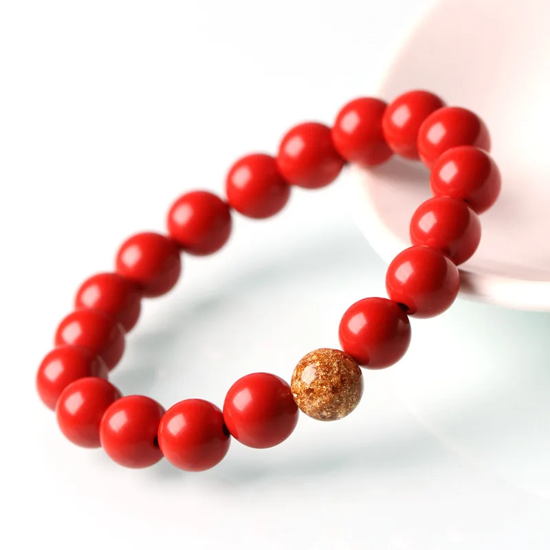 New Arrival Natural Stone Cinnabar Bracelet Round Loose Beads For Jewelry Making Gold Leaf Rosary DIY String Bead | Украшения и