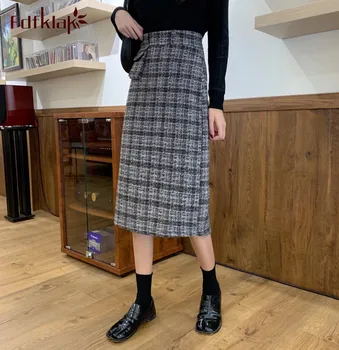 

Fdfklak Fashion woolen skirt women's high waist mid-length retro spring autumn skirt female Hong Kong flavor plaid ladies skirts