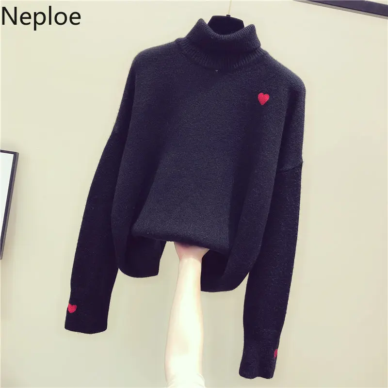 Neploe теплый свитер с высоким воротником для женщин, свободный безумный стиль, с вышивкой в виде сердечек, Женский пуловер в стиле пэчворк 47725