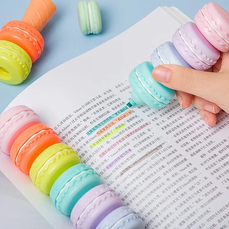 6pcs Novelty Cookie Highlighter Pen Set Macaron Cake Fluorescent Color Marker Liner for Drawing Paint Art Kid Gift School F473