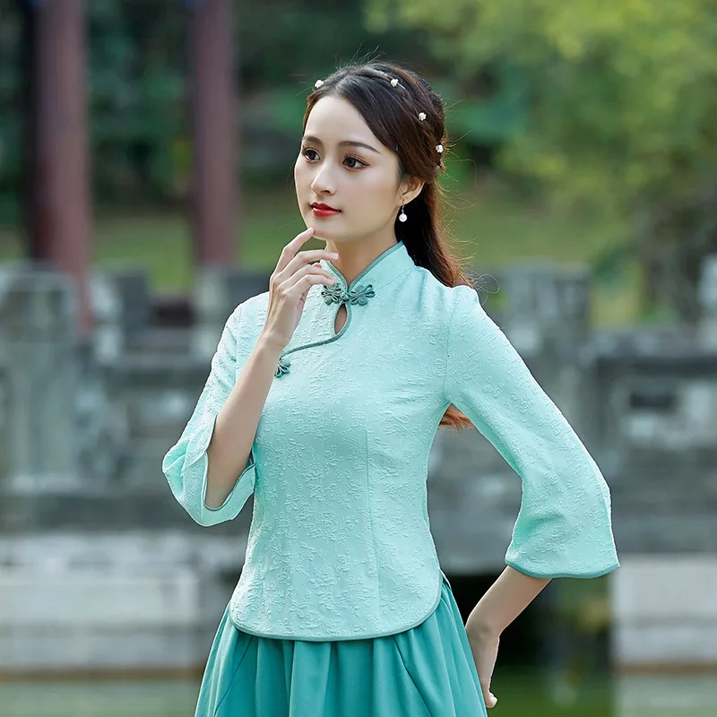 Женская блузка Cheongsam, топы с длинным рукавом, жаккард, китайский ветер, рубашки Qipao, костюм для женщин, чайная церемония, обслуживание, топы Ципао