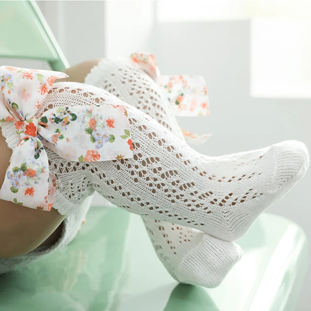 Summer Kids Socks Floral Big Bow Toddlers Girls knee High Long Sock Soft Cotton Hollow Out Baby Socks Mesh Girl Princess Socken White