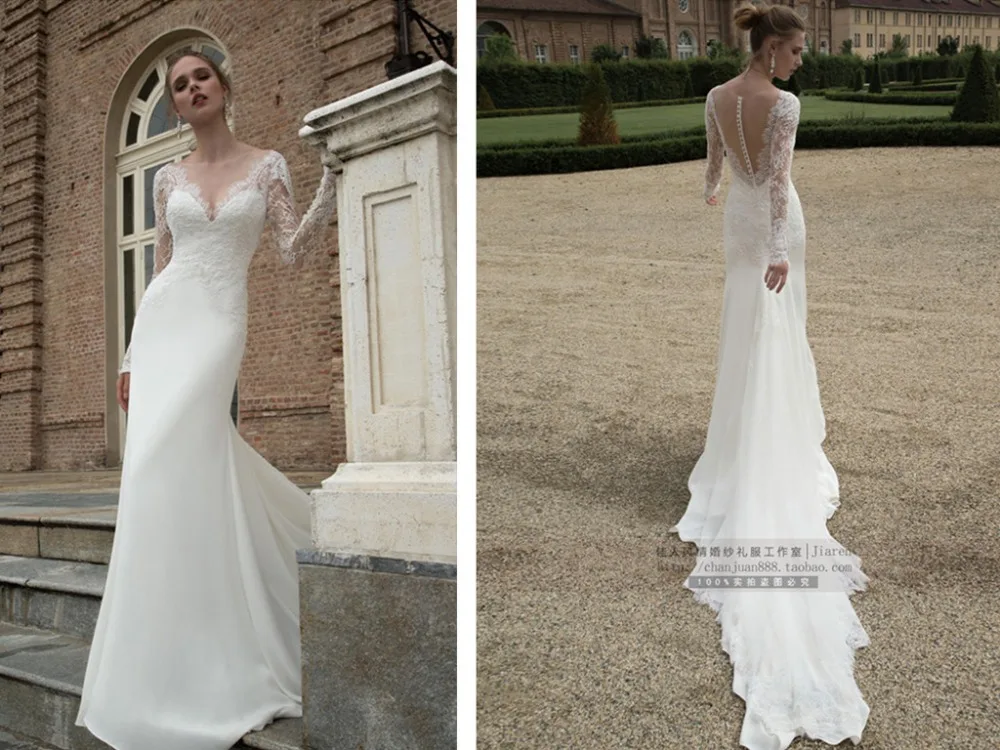 White chiffon Nieuwe lace lange mouwen mermaid Wedding see through back button brides vestido de noiva moeder van de bruid jurken White chiffon Nieuwe lace lange mouwen mermaid Wedding see through back button brides vestido de noiva moeder van de bruid jurken