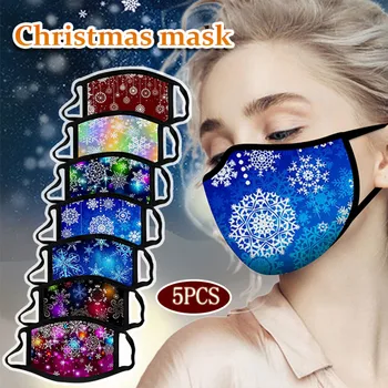 

5pc Adult Christmas Washable And Reusable Snowflake Print Face Mask Anti Pm2.5 Pollution Protection Mouth-muffle (none Medical）
