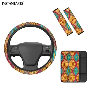 

INSTANTARTS Ladies 4pcs Car Interior African Tribal Pattern Steering Wheel Cover Boho Easy Cleaning Soft Padding Seat Belt Cover