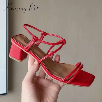

Krazing pot new genuine leather three colors high quality square toe women sandals slip on high square heels summer shoes L53