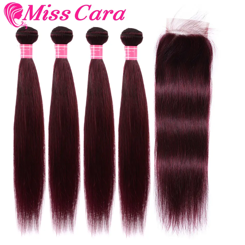 

27#33#99J#Burgundy# Malaysian Straight Hair Bundles With Closure Miss Cara 100% Remy Human Hair 3 Bundles With Closure