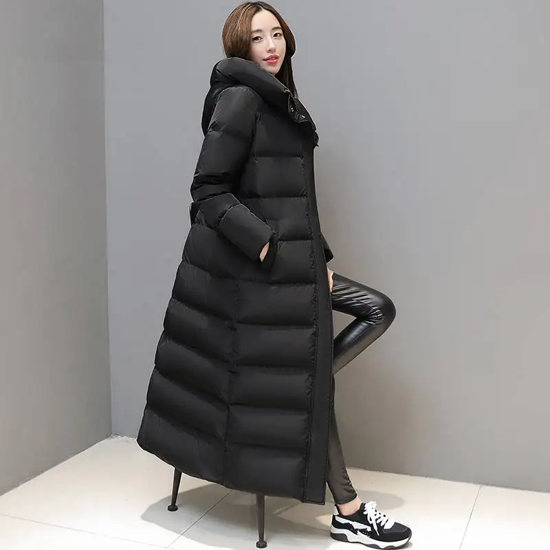 Модная супер Длинная женская куртка-пуховик, Manteau Femme Hiver, худи, белый утиный пух, зимнее пальто, женская парка, Женская куртка C5112