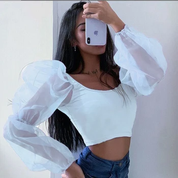 

Summer Elegant Women Square neck Long Lace Puff Sleeve See-through Pullover Elastic Crop Tops Blouse