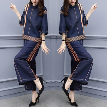 

2 piece set Female Costume Striped Stitching Woman Suit top and pant suits Ensemble Femme Deux Pieces winter autumn blue clothes
