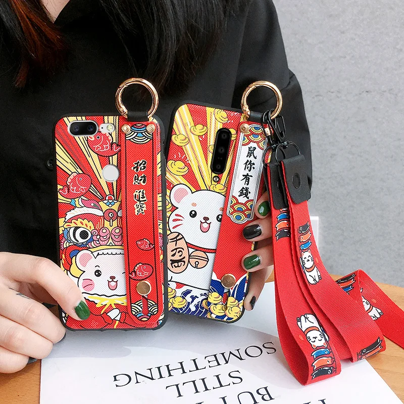 Oneplus 7T pro Fortune Cat Case Cute Lucky Wrist strap back cover For OnePlus 3 3T / 5 5T/6 6T /7 7pro + Straps |