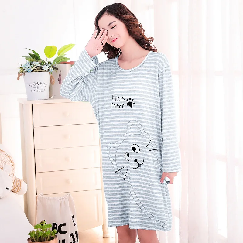 

2019 New Style Spring And Autumn Women's Loose-Fit Cartoon Stripes Long Sleeve Mid-length GIRL'S Home Dress a Generation of Fat