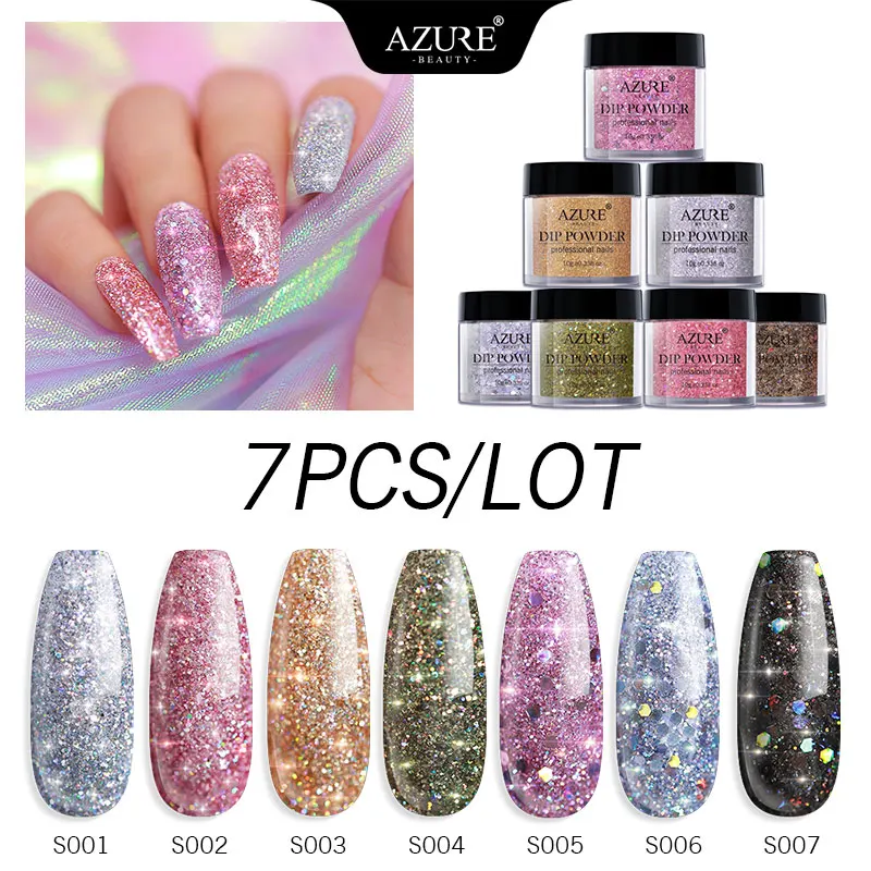 

Azure Beauty 7Pcs/Lot Glitter Dipping Powders Gradient Colors Holographic Dipping Powder Nail Natural Dry No Lamp Cure