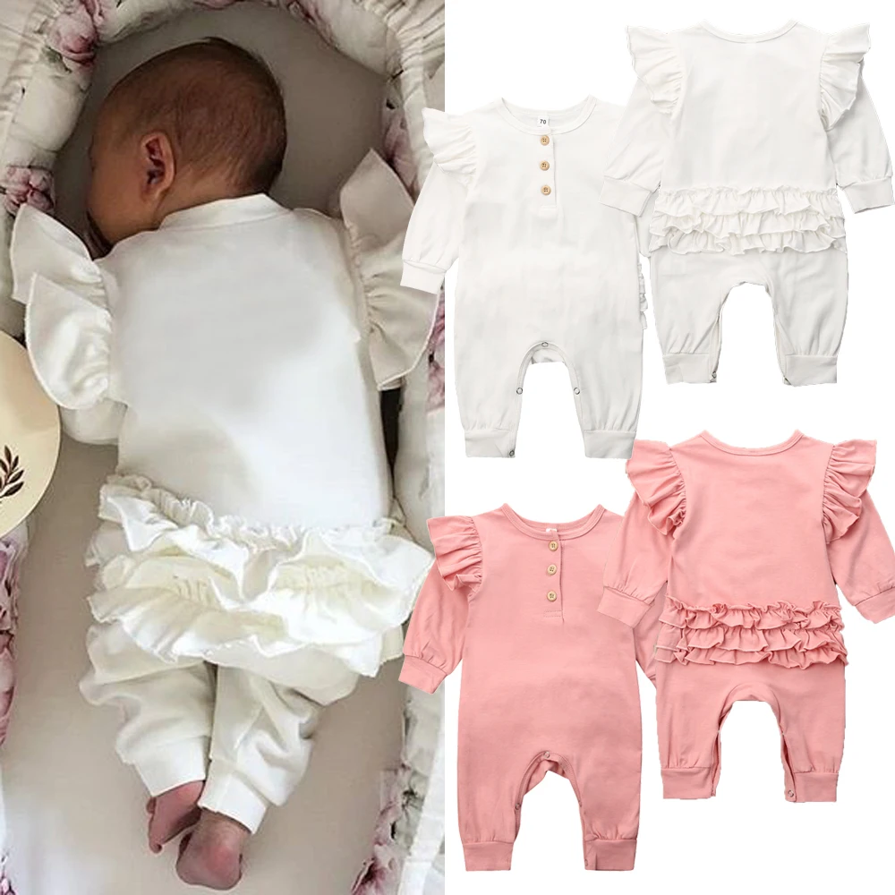 Зимняя теплая хлопковая однотонная Одежда для новорожденных девочек, комбинезон с длинными рукавами и оборками, 0-18 месяцев