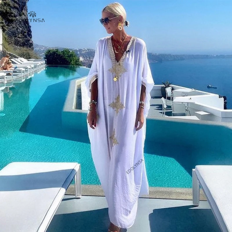 Elegant Gold Long Kaftan Beach Cover up Sexy Deep V-neck Summer Dress Plus Size Women Clothes Beachwear Q877