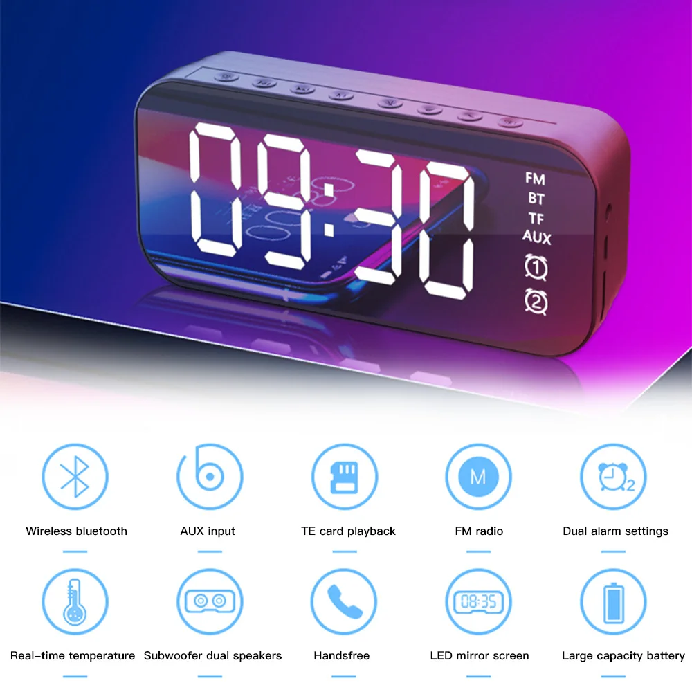Generic Mirror Led Alarm Clock Bluetooth Speaker With Alarm Clock