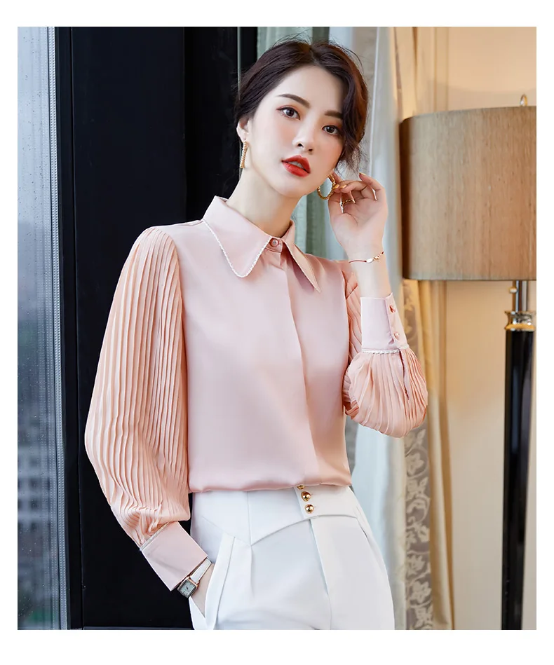 Pink Chiffon White Shirt Women Autumn Long Sleeve Fashion Design Formal Temperament Blouses Office Ladies Casual Work Tops silk blouses