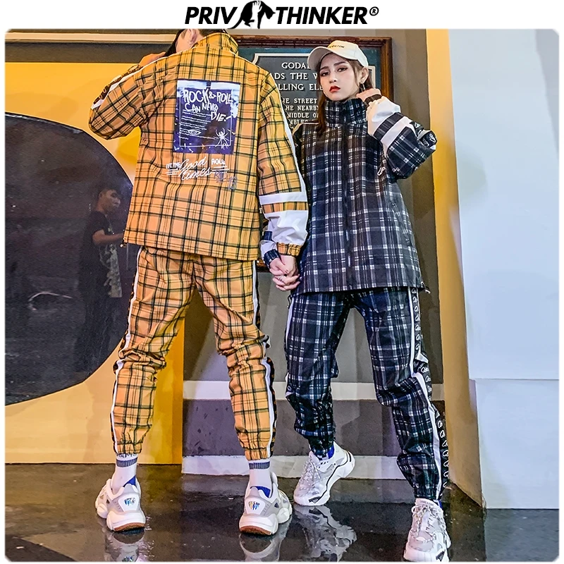 Privathinker мужские комплекты для хип-хопа, уличных танцев, комплект из двух предметов, клетчатый свободный костюм с принтом, одежда для пар, Осенний модный спортивный костюм