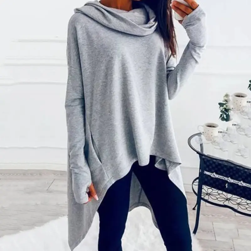  Women Hoodie Sweatshirt 2019 Autumn Grey Long Sleeve Irregular Tops Chic Streetwear Sport Female Bl