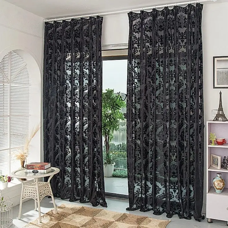 

Luxury Velvet Yarn Black Curtain Sheer with Embroidery for Bedroom Livingroom Window Treatment Flocked Sheer Gauze Tulle Curtain