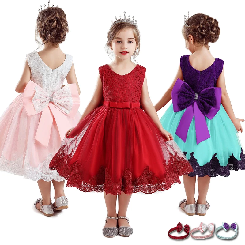 Красный Рождество вечерние платье для девочки; кружевное платье принцессы с юбкой-пачкой, украшенные пайетками и бантом в виде цветка, платье на свадьбу для девочек платье детские Вечеринка одежда для детей осеннее платье для девочек