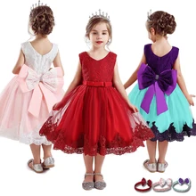 Красный Рождество вечерние платье для девочки; кружевное платье принцессы с юбкой-пачкой, украшенные пайетками и бантом в виде цветка, платье на свадьбу для девочек платье детские Вечеринка одежда для детей осеннее платье для девочек