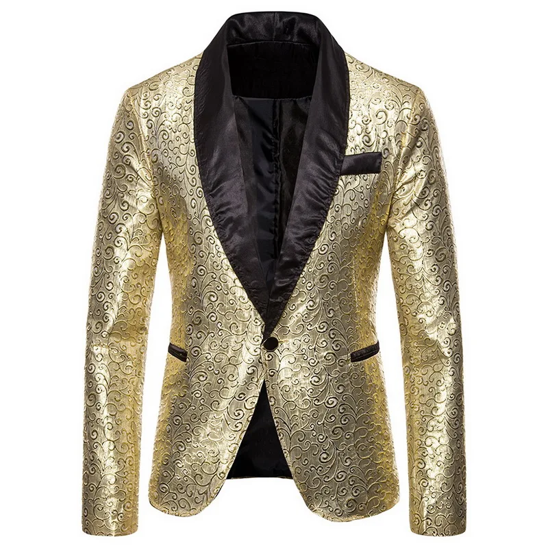 Gold Litthing Блестящий Блейзер, куртка для мужчин, для ночного клуба, диджей, хост, на одной пуговице, мужской костюм пиджак, для выпускного, для сцены, свадебные костюмы, 2XL - Цвет: Gold