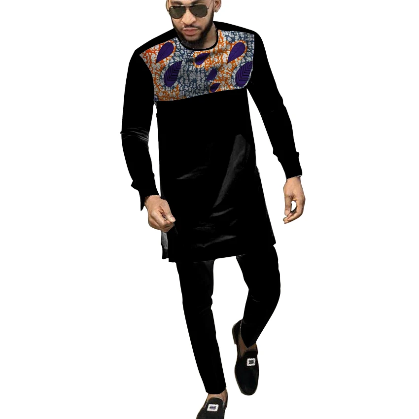 Новое поступление, африканская одежда для мужчин, Дашики, Национальная Мужская Лоскутная рубашка с черными длинными штанами, на заказ, африканская одежда