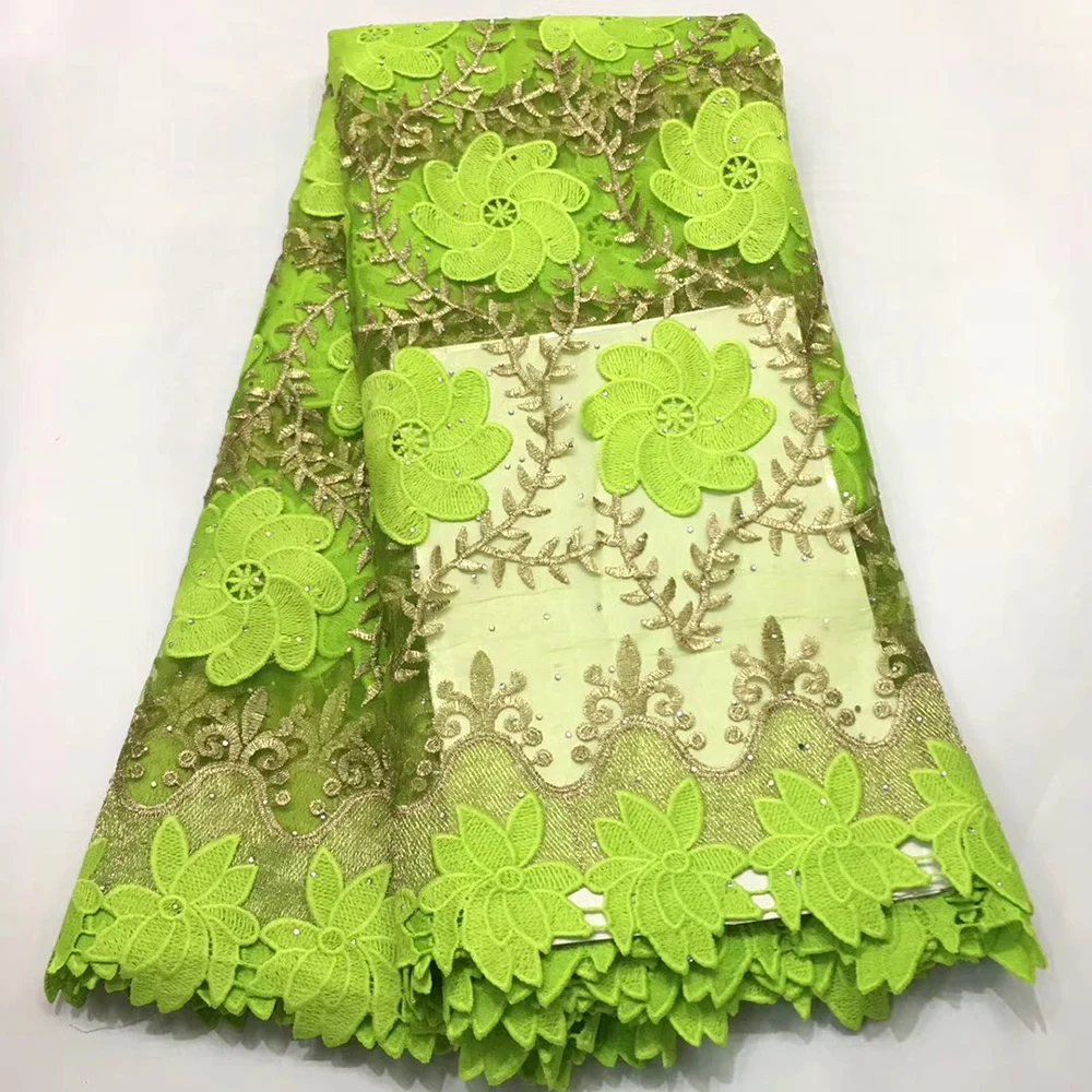 

Newest African Tulle Lace Fabric High Quality Flower Design French Net Wedding Nigeria Embroidered Party Dress Lemon green