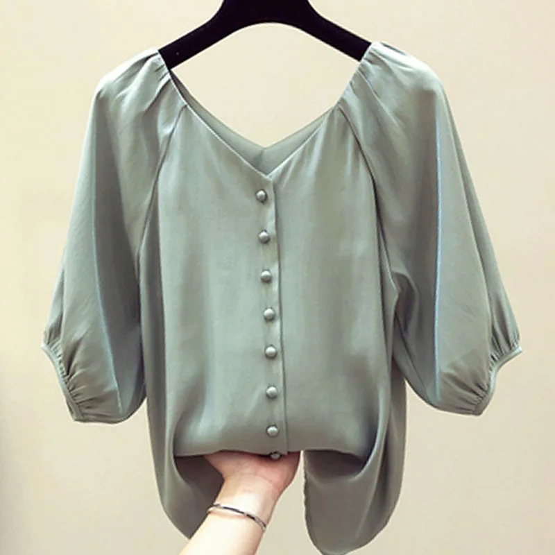 Летние модные блузы с рукавом-фонариком, короткий рукав, v-образный вырез, повседневные однотонные шифоновые женские топы, элегантная женская одежда 5393 50