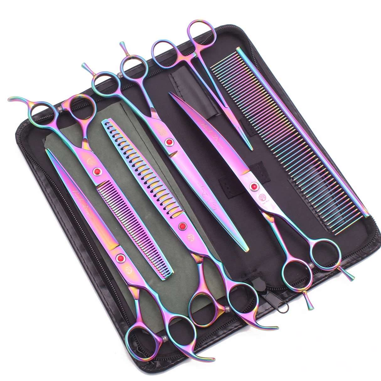Dog Grooming Kit Professional 8" Purple Dragon Japan Steel Pet Thinning Shears Chunker Scissors Add Case Curved Scissors Z3015