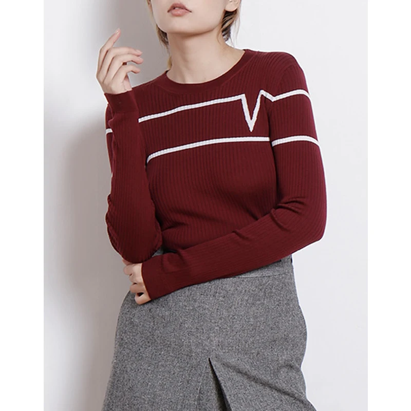

Long Wool 11.9 100% Sleeve Round Neck Pullover Knitwear Women Striped Contrast Color Slim Soft Rib Knit Sweater