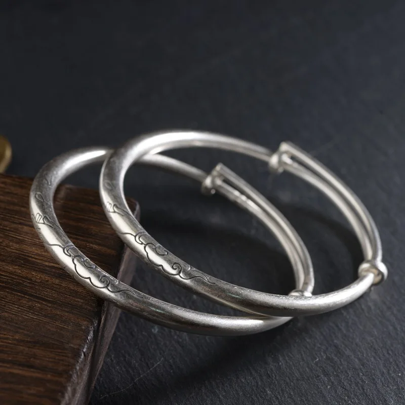 

ESSDCW Dropship Fine Pure Silver Bracelet S990 Silver Retro Matte Process Adjustable Length Female Lotus Silver Bangle Bracelet