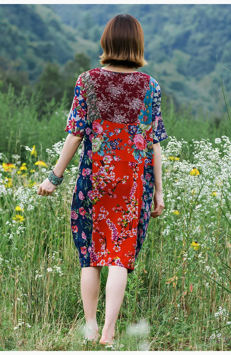 National Wind WOMEN'S Dress zhi pai Manufacturers Direct Selling Dress Summer Pure Cotton Printed Joint Pullover Dress Mid-lengt
