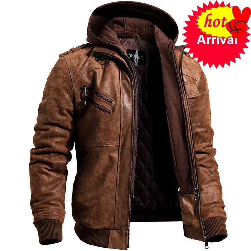 Мужская кожаная куртка с капюшоном осенне зимняя мотоциклетная из искусственной