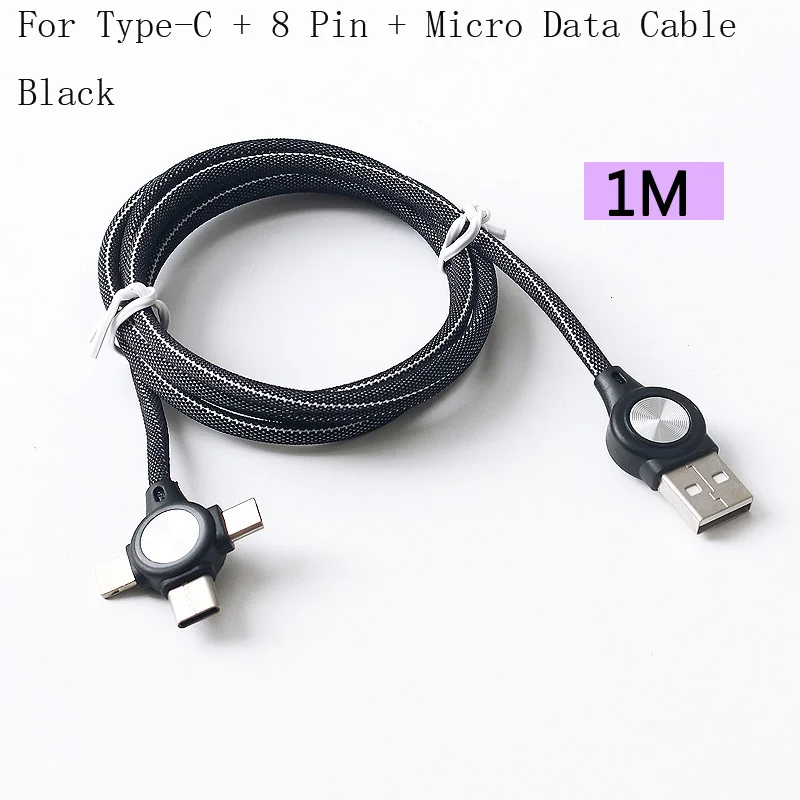 3 в 1 USB кабель тройной зарядки светодиодный кабель Micro type C гибкий зарядный кабель нейлоновая оплетка многофункциональный для iPhone - Цвет: LED Black 3 in 1