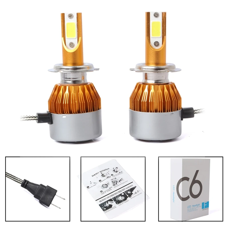 2pcs C6 LED Car Headlight Kit COB H7 36W 7600LM White Light Bulbs Gold