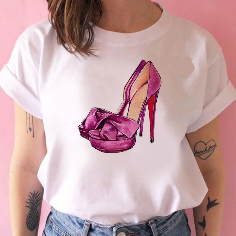 Summer Casual Women T shirts Close up of cartoon high heel Printed Fashion clothing Harajuku Casual Korean Style Tops female Tee