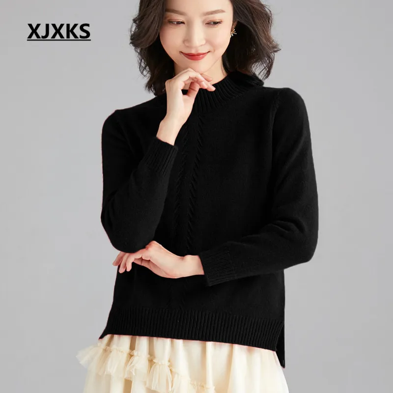 XJXKS Women Turtleneck Sweater Autumn Winter New High Quality Casual Cashmere Sweater Women Knitted Warm Pullover - Цвет: Черный