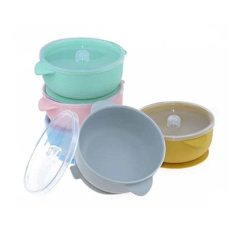 Tazón de alimentación de bebé de silicona, vajilla impermeable con tapa, vajilla antideslizante, platos de silicona sin BPA para plato de bebé