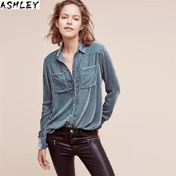 

Vintage blue Spring Velvet Blouse women tops Turn-down Collar long sleeve Casual Shirt women clothing new arrival