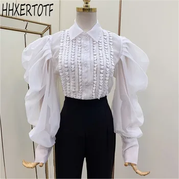 

2020 spring New Arrival Women Lace mesh Hollow Out desgin Shirt Blusas Elegant Ladies Blouse Lantern Sleeve Tops