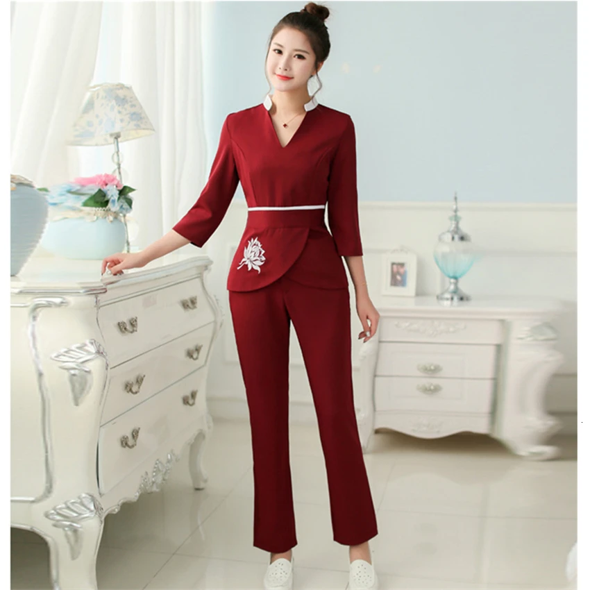 High Quality 2PCS Set Woman Dentist Hospital Spa Unifrom Beauty Salon Bar Overalls Massage Embroidery V-Neck Work Uniforms
