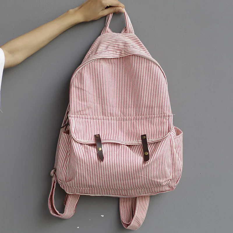 

Ougger Large Carry on Bag Large Capacity Ladies Backpack Red Canvas Simple Preppy Style Striped Bags