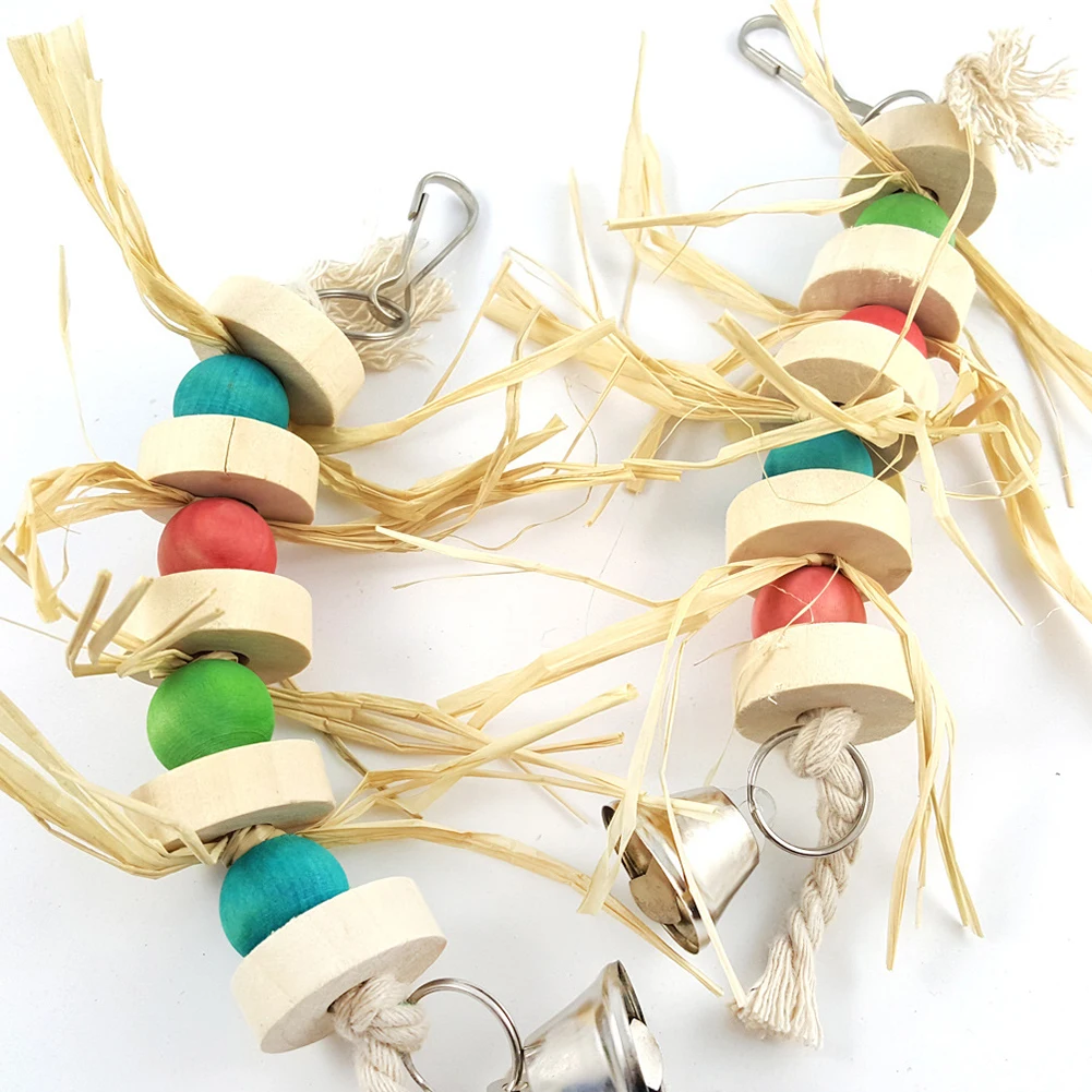 Pet Bird Parrot Wooden Beads Bell Straw Cotton Rope Hanging Cage Swing Chew Toy