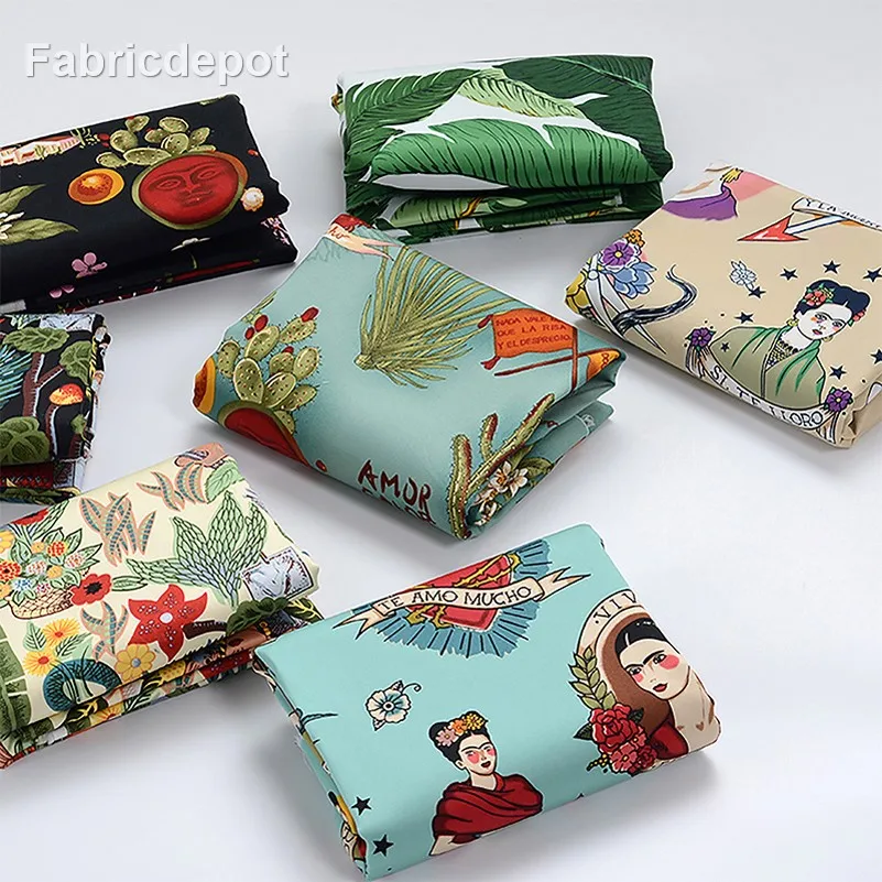 Elegant European Retro Stretch Cotton Satin Fabric - Digital Print for Sewing and Handmade Creations