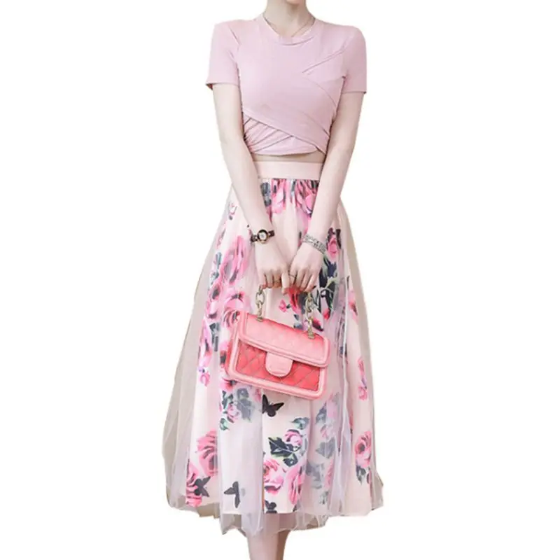 

Women 2 Piece Set Sweet Cross Wrap Front Irregular Bowknot Crop Top T-Shirt Mesh Rose Floral Tulle Midi Long Skirt Suits