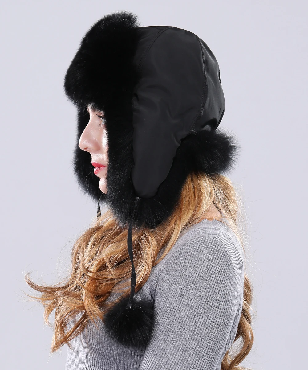 Winter women fur hat lady real fox fur cap protect ear warmer fox pom poms Bomber Hat hot sale new arrival