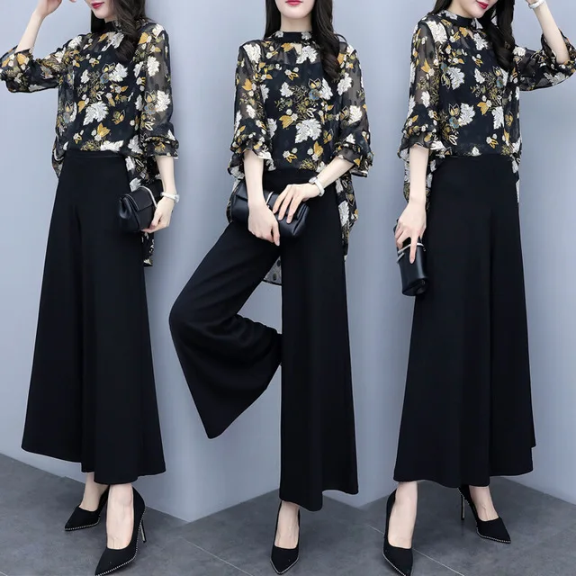 Women Chiffon Pant Suits Elegant Formal Office Lady Business Work Pantsuits  Floral Print Blouse Top Wide Leg Pants Two Piece Set - купить по выгодной  цене | AliExpress