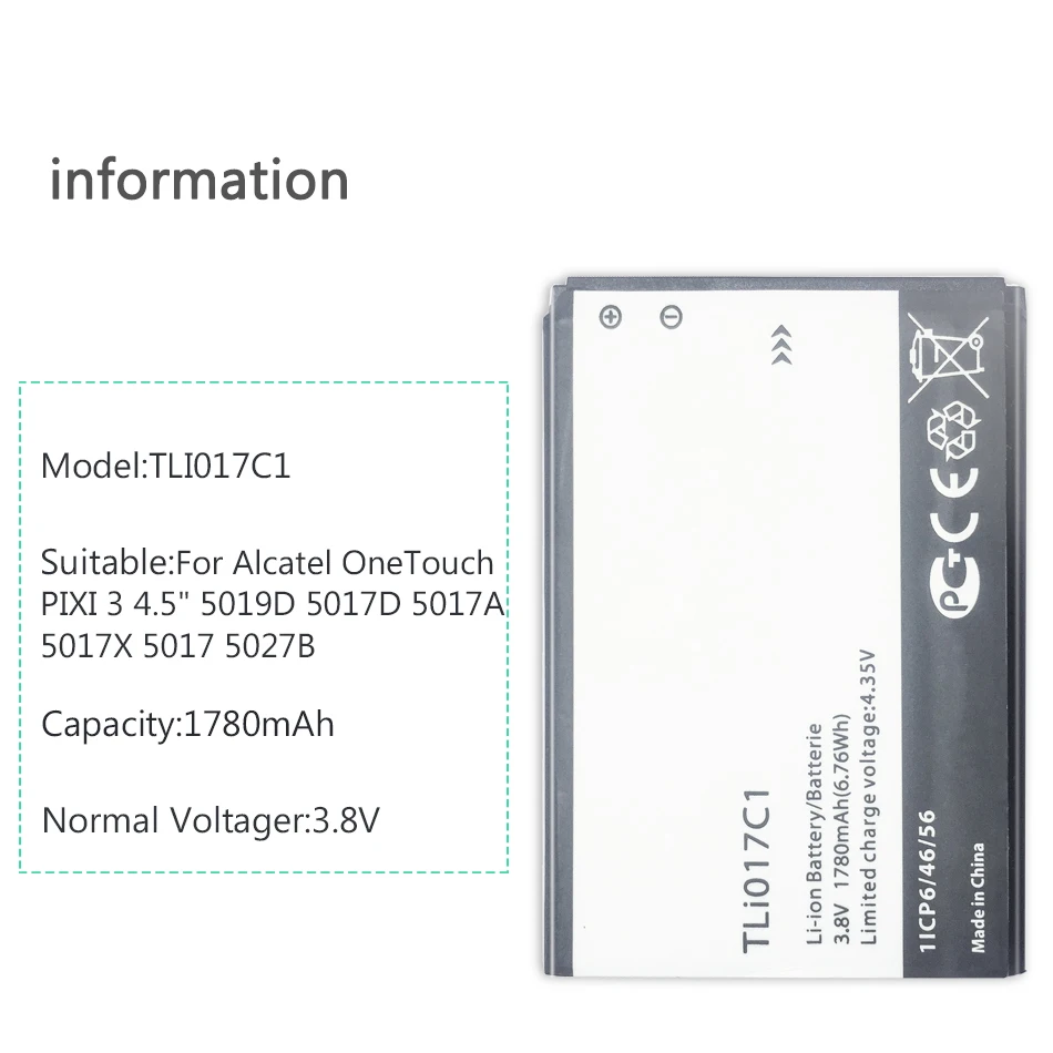 1780 мА/ч, Батарея для Alcatel OneTouch PIXI 3 4," 5019D 5017D 5017A 5017X5017 5027B TLi017C1/TLi017C2 VODAFONE Smart Скорость 6
